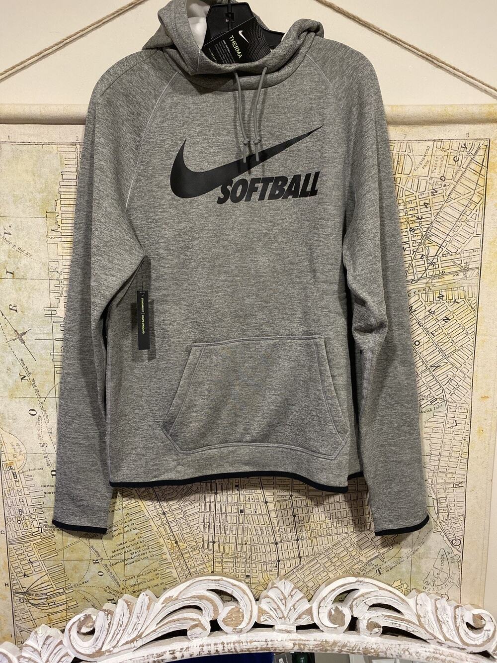 Nike Women's Therma Pullover Softball Hoodie Drawcord AV6638 Gray Size M